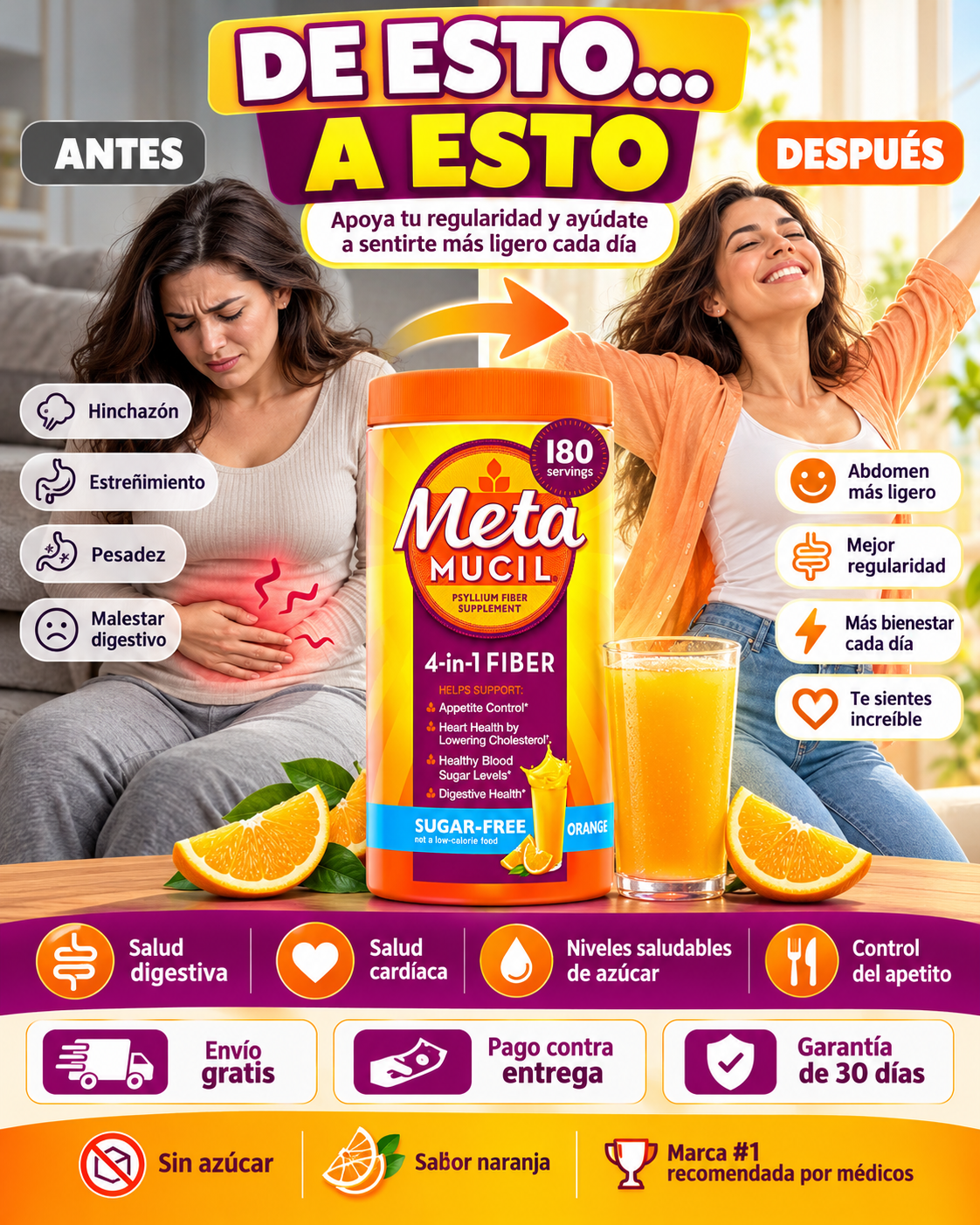 Metamucil 4-en-1 fibra de psyllium sin azúcar
