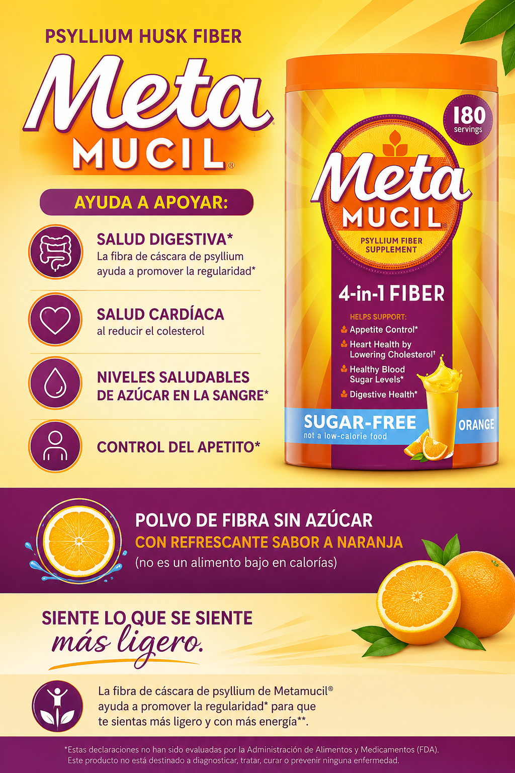 Metamucil 4-en-1 fibra de psyllium sin azúcar